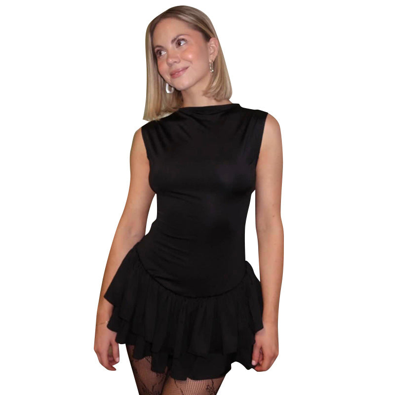 Contrast Color Round Neck Sleeveless Lace Fashion Short Dress Women