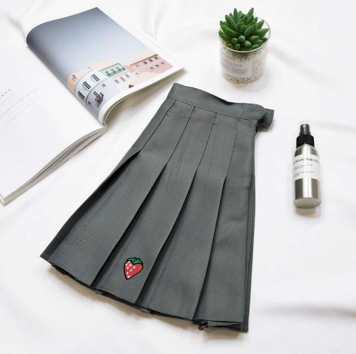Pleated Skirt Strawberry Embroidered High Waist A-Line Skirt