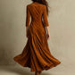 Solid Color Buttons Lapel 34 Sleeve Maxi Dress Waist Expansion Skirt