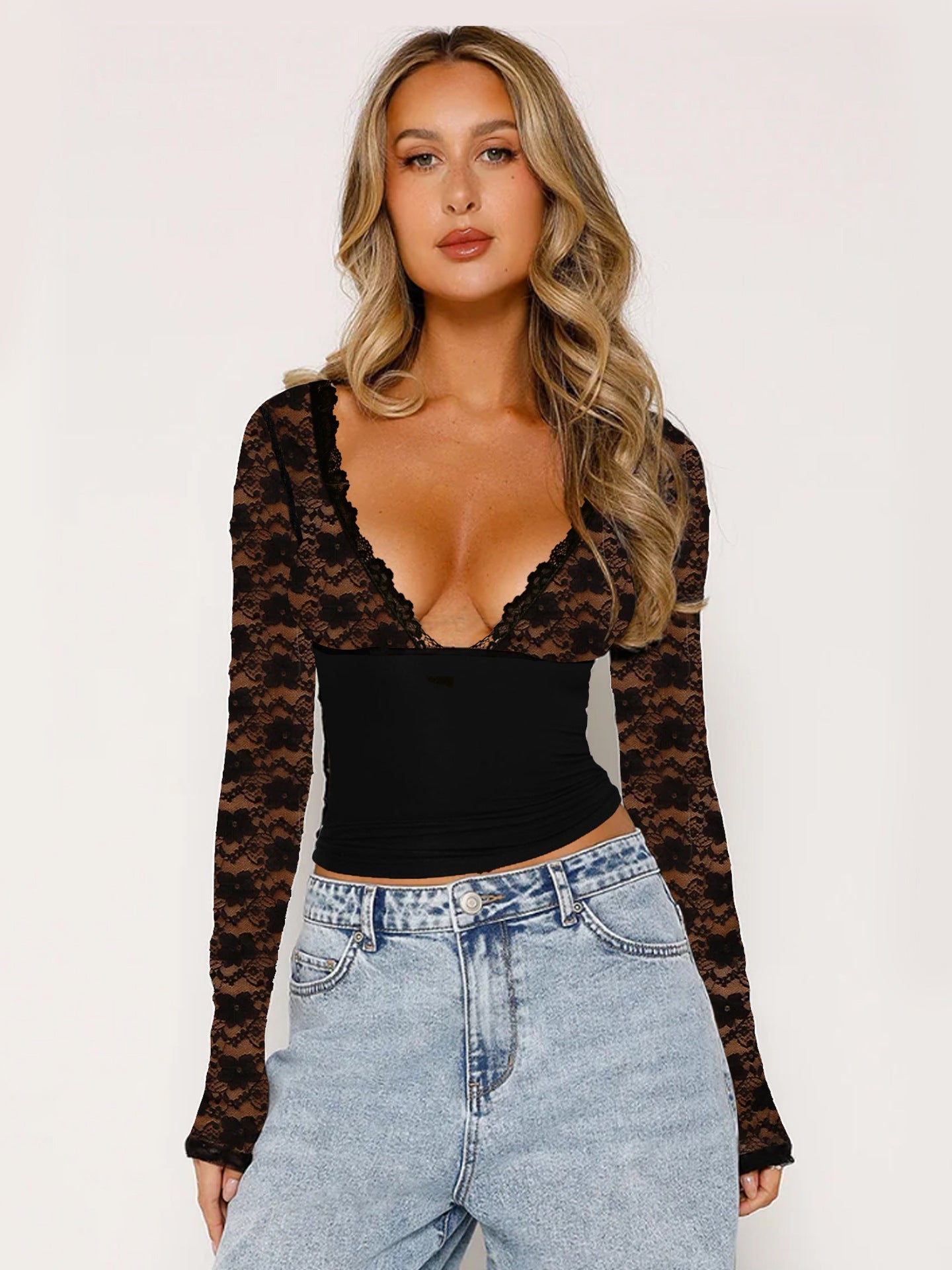 V-neck Stitching Lace Long Sleeve Base Shirt