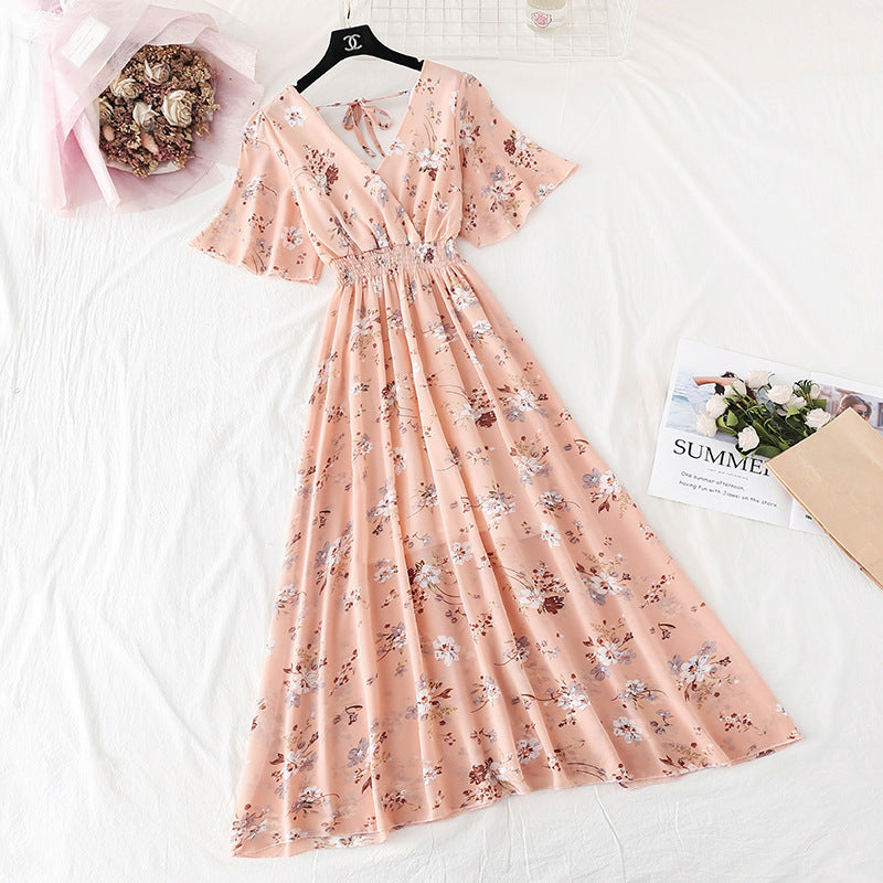 Chiffon Dress Female French Platycodon Floral Long Skirt Waist Was Thinner