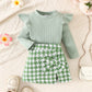 Girl's Long-sleeved Top With Plaid Bow Short Skirt Set
