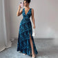 Womens Sexy Deep V-Neck Sleeveless Printed Dress With Slit Hem And Pleats