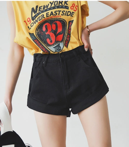 Short en jean taille haute pour femme, taille élastique, revers à la taille, pantalon à jambes larges, short ample, nouvelle version coréenne rétro