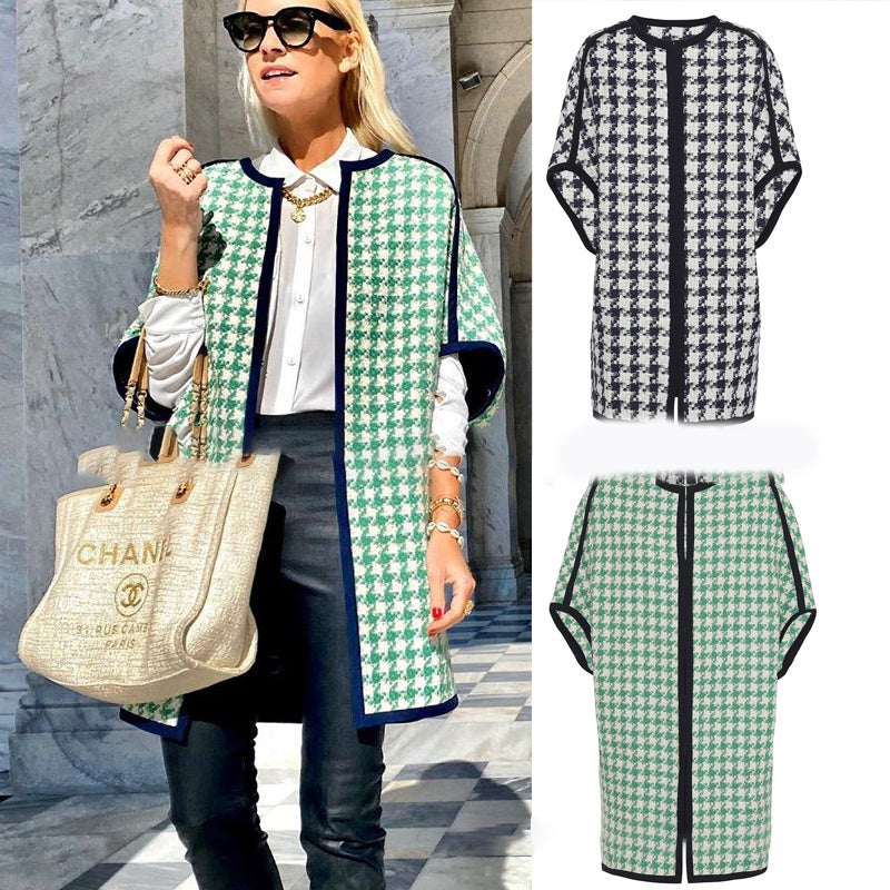 Loose round neck houndstooth coat