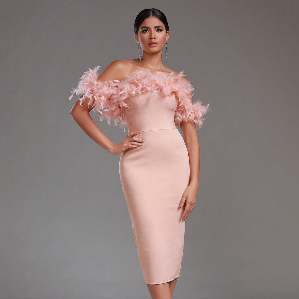 Off-neck Feather Women's Dress
