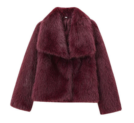 Cardigan à revers et manches longues en fausse fourrure pour femme, manteau court et ample