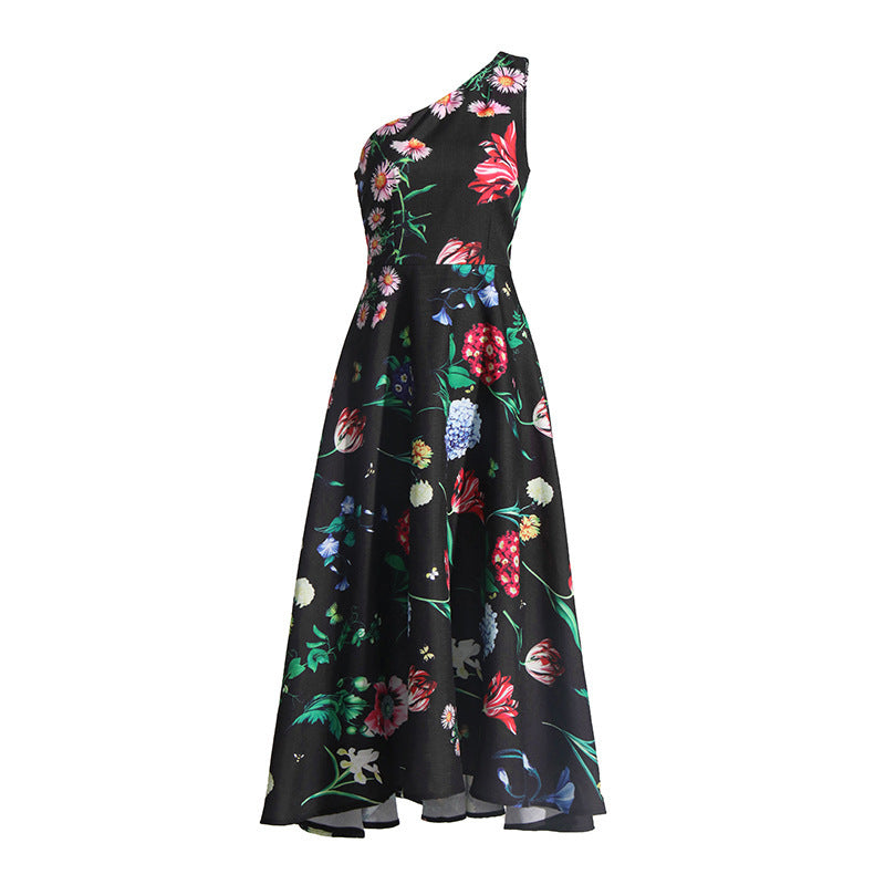 Lady Temperament Oblique Shoulder Sleeveless Waist Slimming Dress