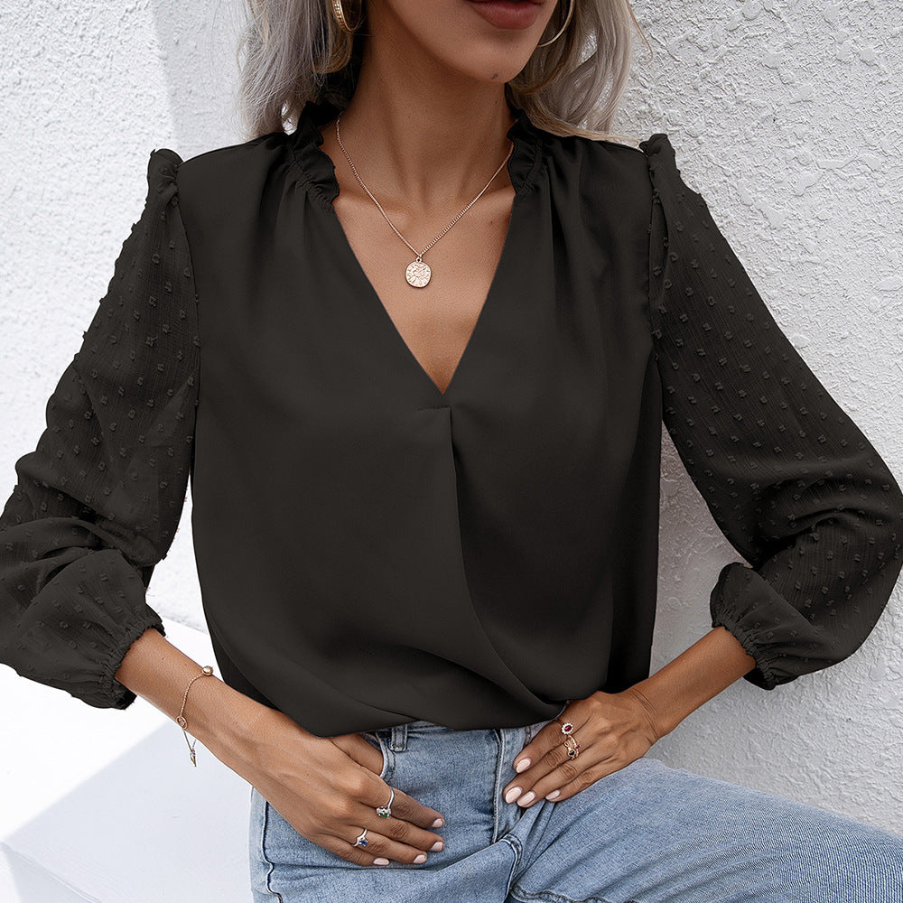 Puff Sleeve Ladies V-neck Long-sleeved Shirt