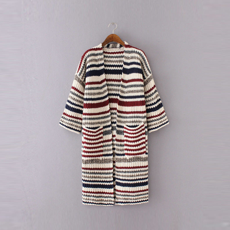 Knitted and Color Striped Double Pocket Mid-length