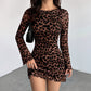 Womens Leopard Print Crew Neck Long Sleeve Dress