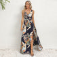 Robe longue à imprimé floral et col en V, mode estivale, taille nouée, fente, sans manches, vêtements pour femmes