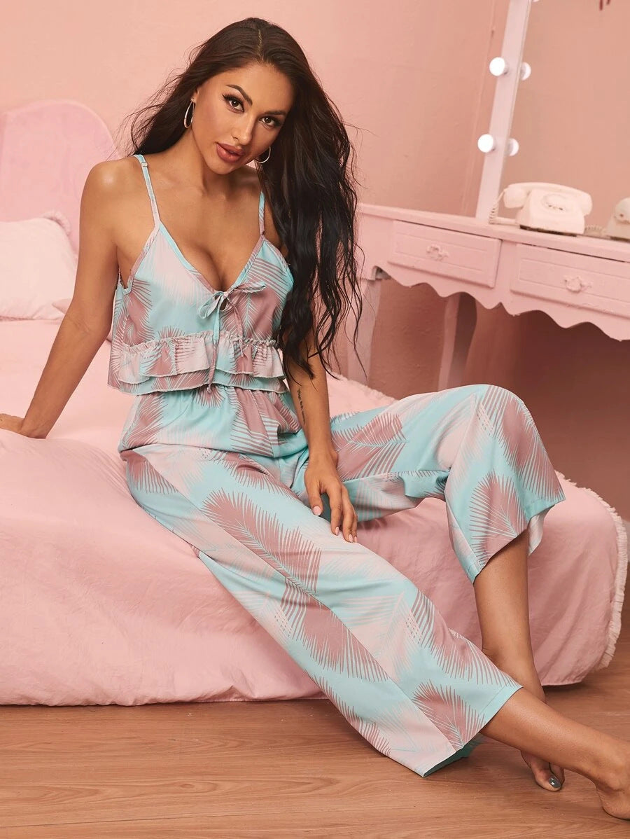 Ensemble de pyjama confortable à col en V et imprimé écharpe