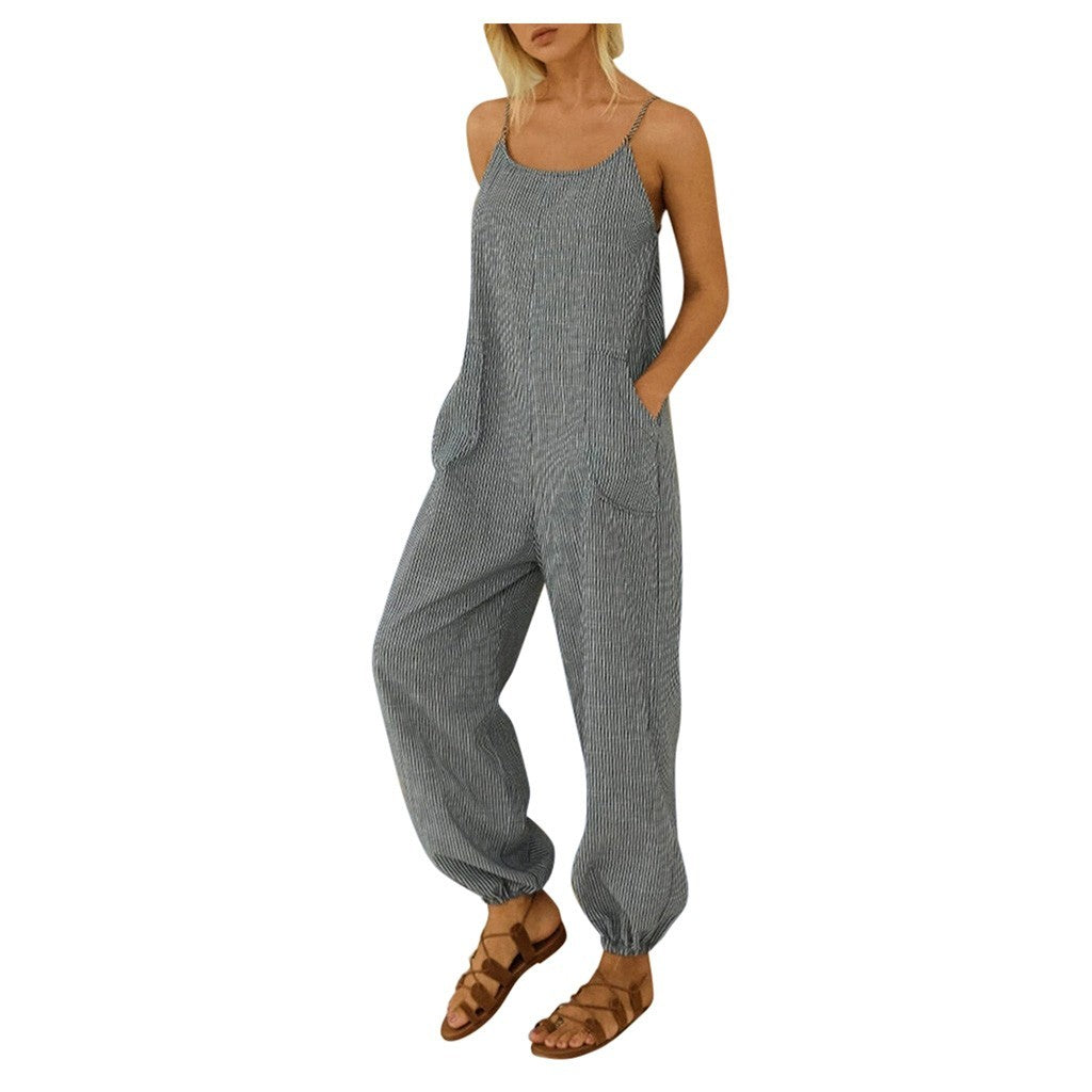Sling romper pocket cotton and linen stripes