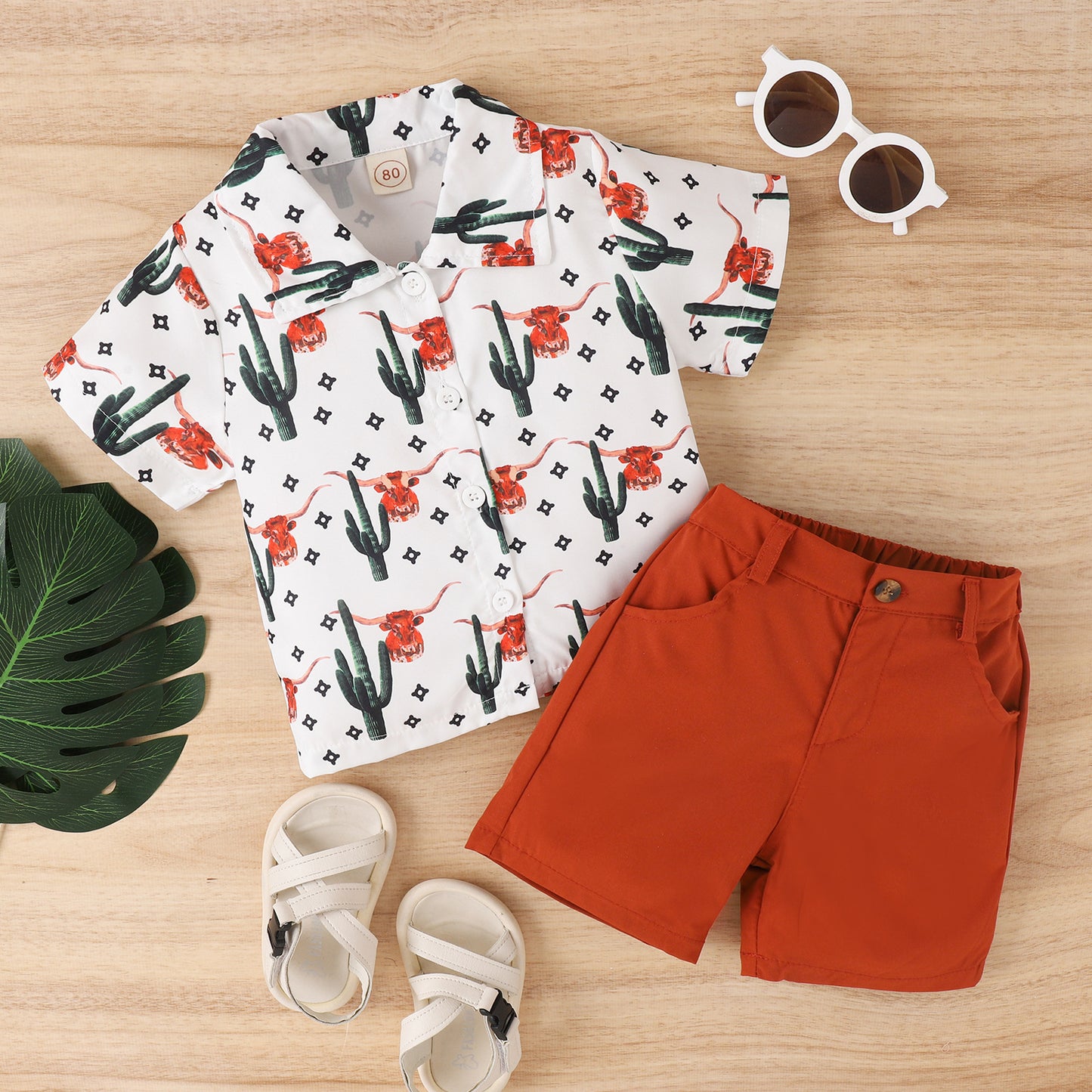 Children Animal Print Short-sleeved Shirt And Shorts Suit