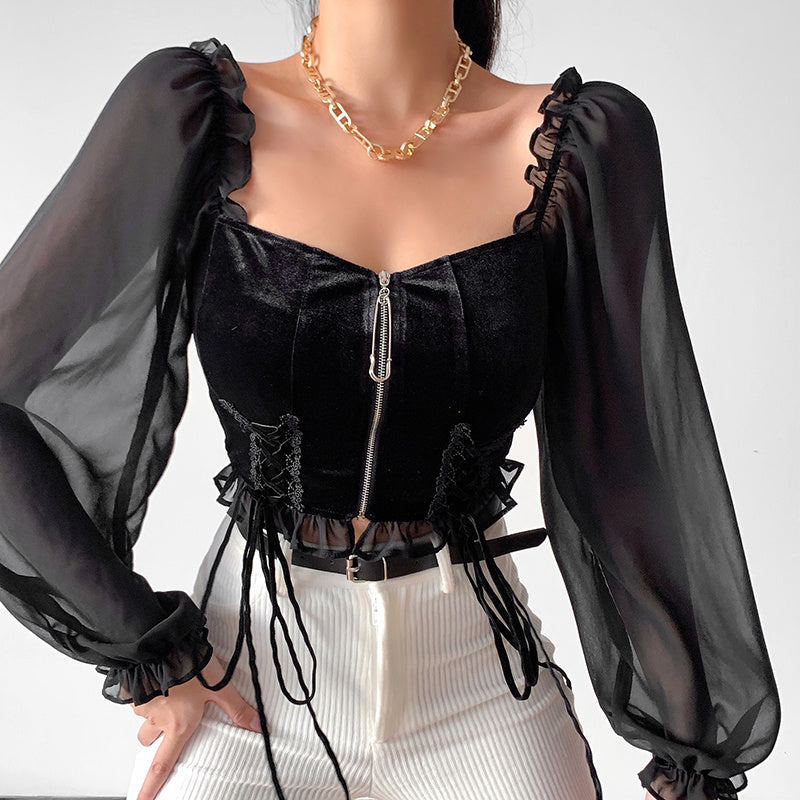 Temperament Square Neck Puff Sleeve Top Women's Niche Design Sense Strap Zipper