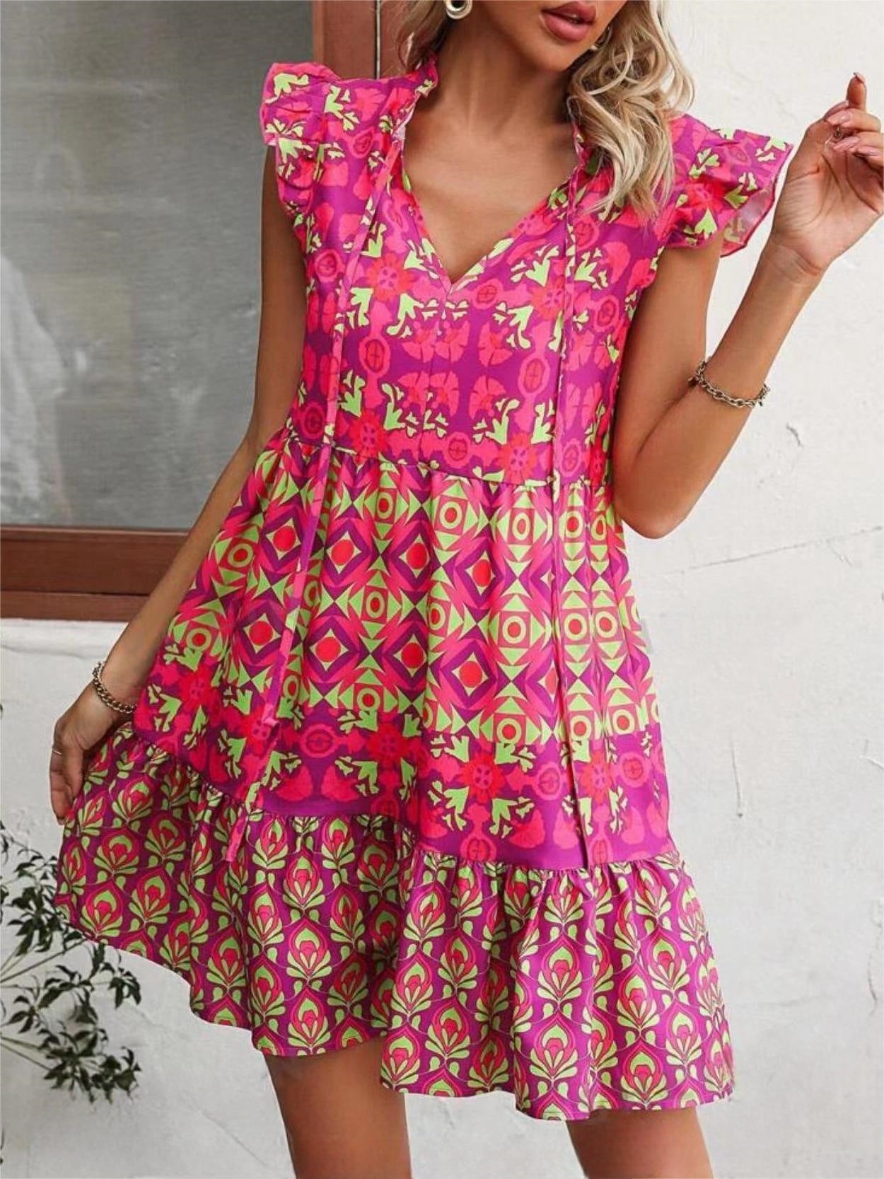 Robe imprimée sans manches, mode estivale, col en V, lacets, droite, vêtements pour femmes