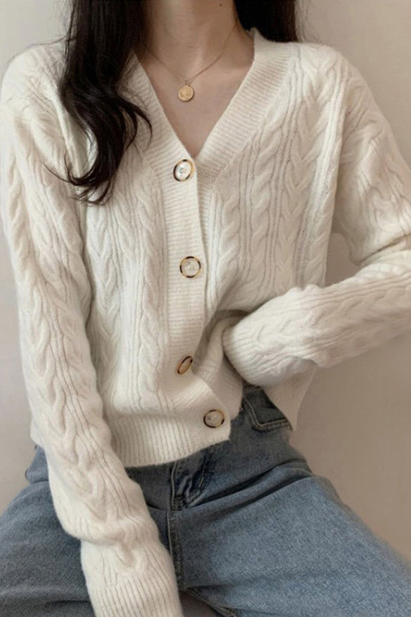 Loose Short White Twist Sweater Coat