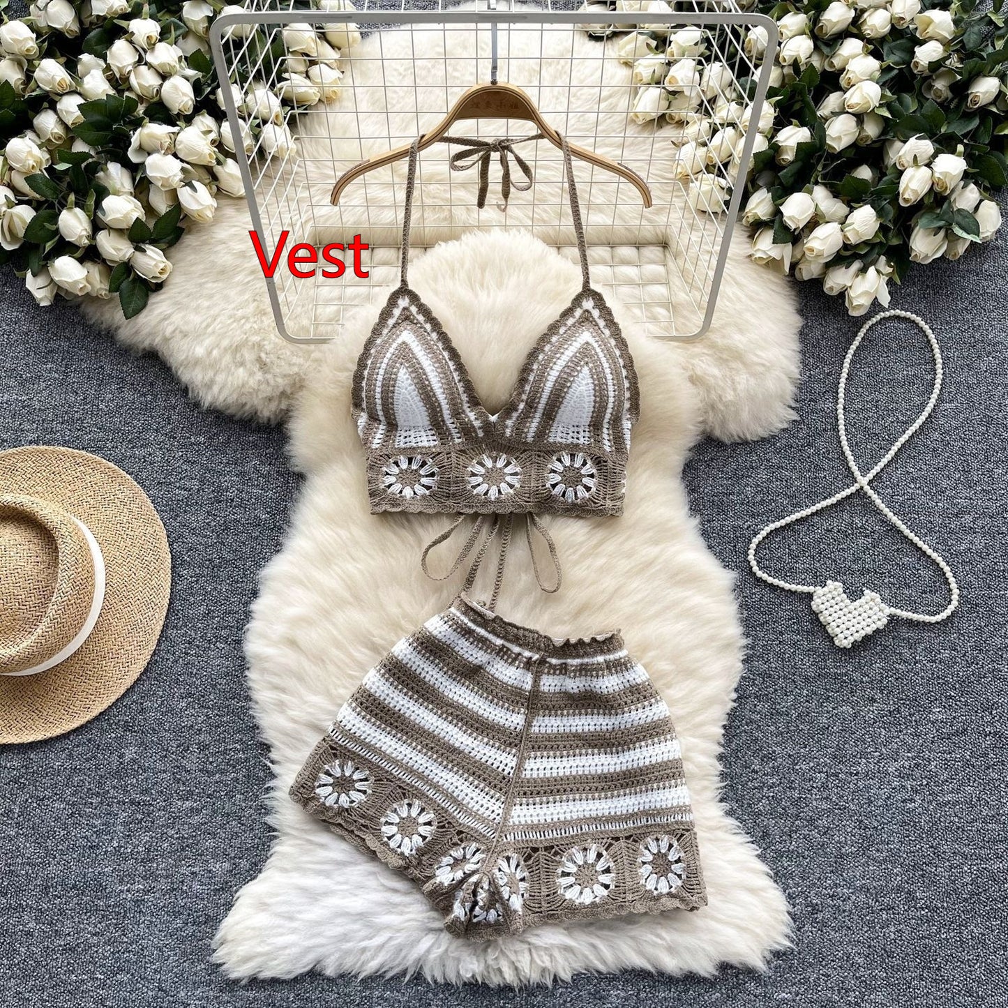 Cutout Crocheted Halter Strap Vest High Waist Knit Shorts