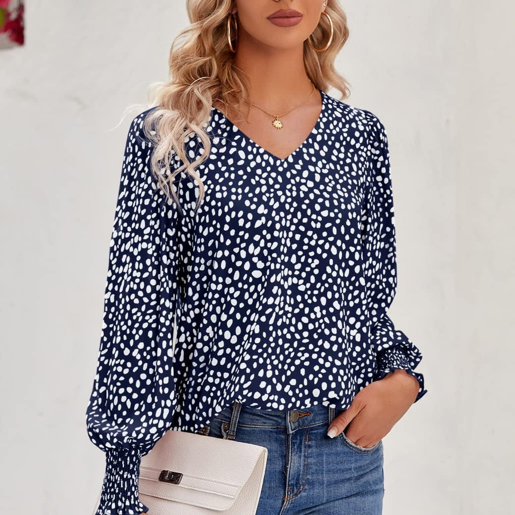 Chemise ample en mousseline imprimée à manches longues et col en V pour femme