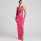 Robe fendue dos nu à col pile pour femme, couleur unie