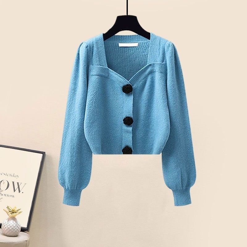 Gentle Puff Sleeve Knit Sweater High Waist Wide Leg Casual Pants Set