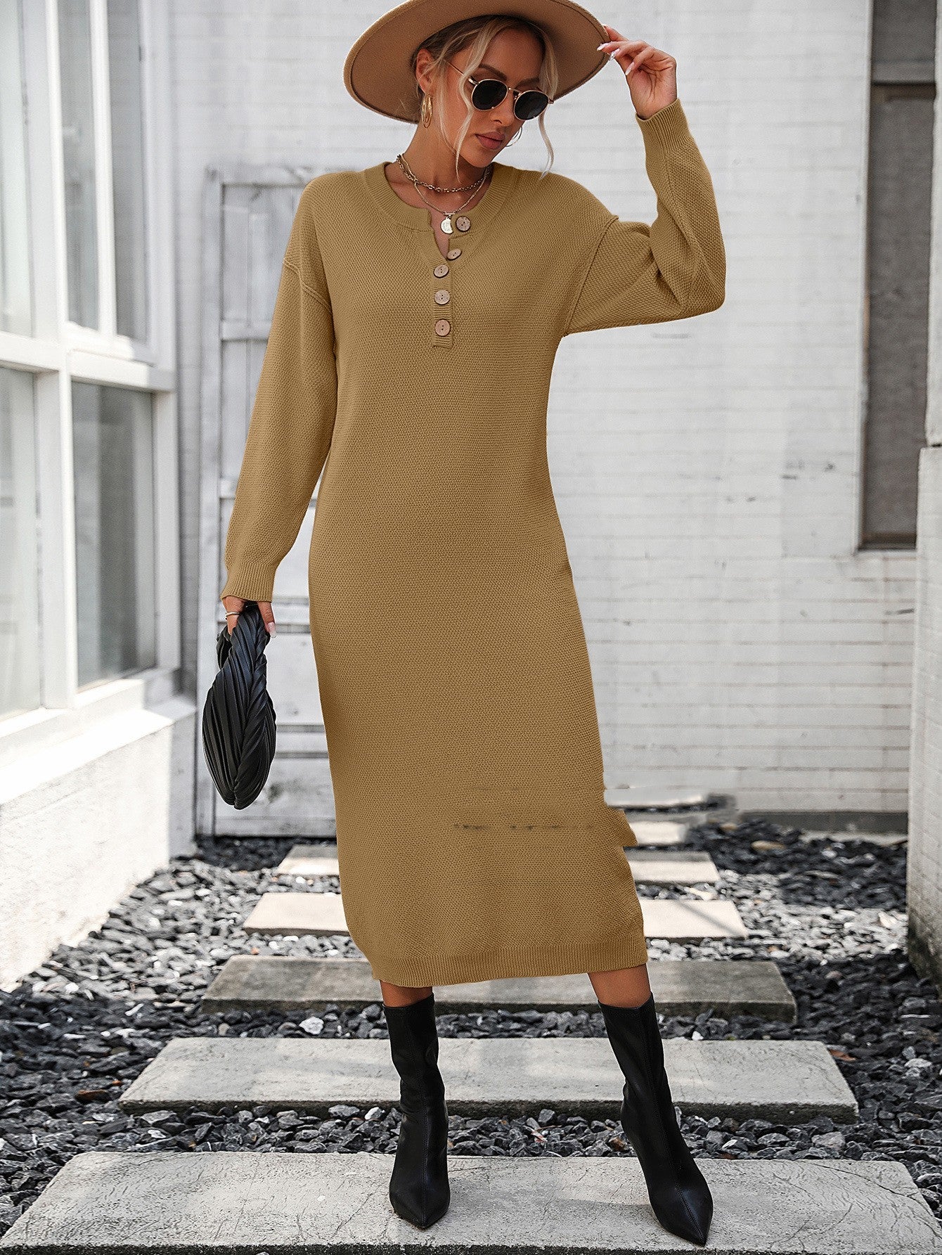 Robe en tricot à boutons européenne et américaine