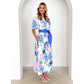 Robe trapèze à manches courtes et ceinture style bohème imprimée