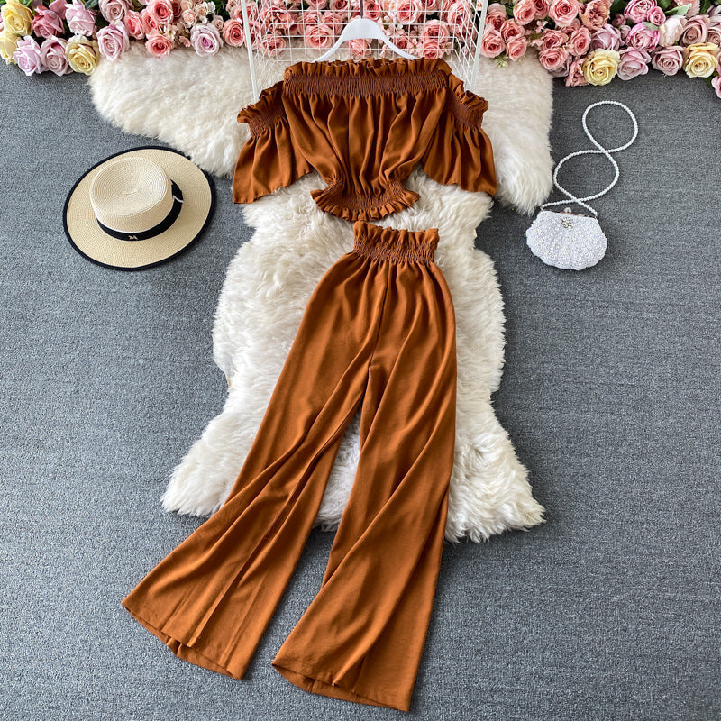 One-shoulder Off-the-shoulder Top High-waisted Wide-leg Pants Two-piece Suit