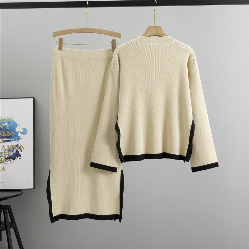 Color-Block Crew-Neck Top And Slit Skirt Chic Knit Set