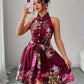 Women's Casual Printed Waist-Cinching Halter-Neck Lace-Up Dress