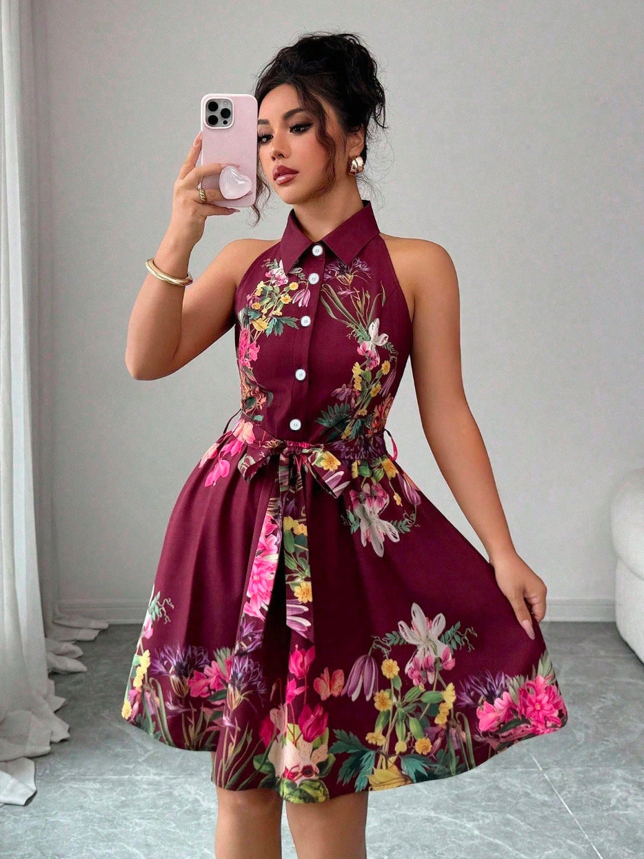 Women's Casual Printed Waist-Cinching Halter-Neck Lace-Up Dress