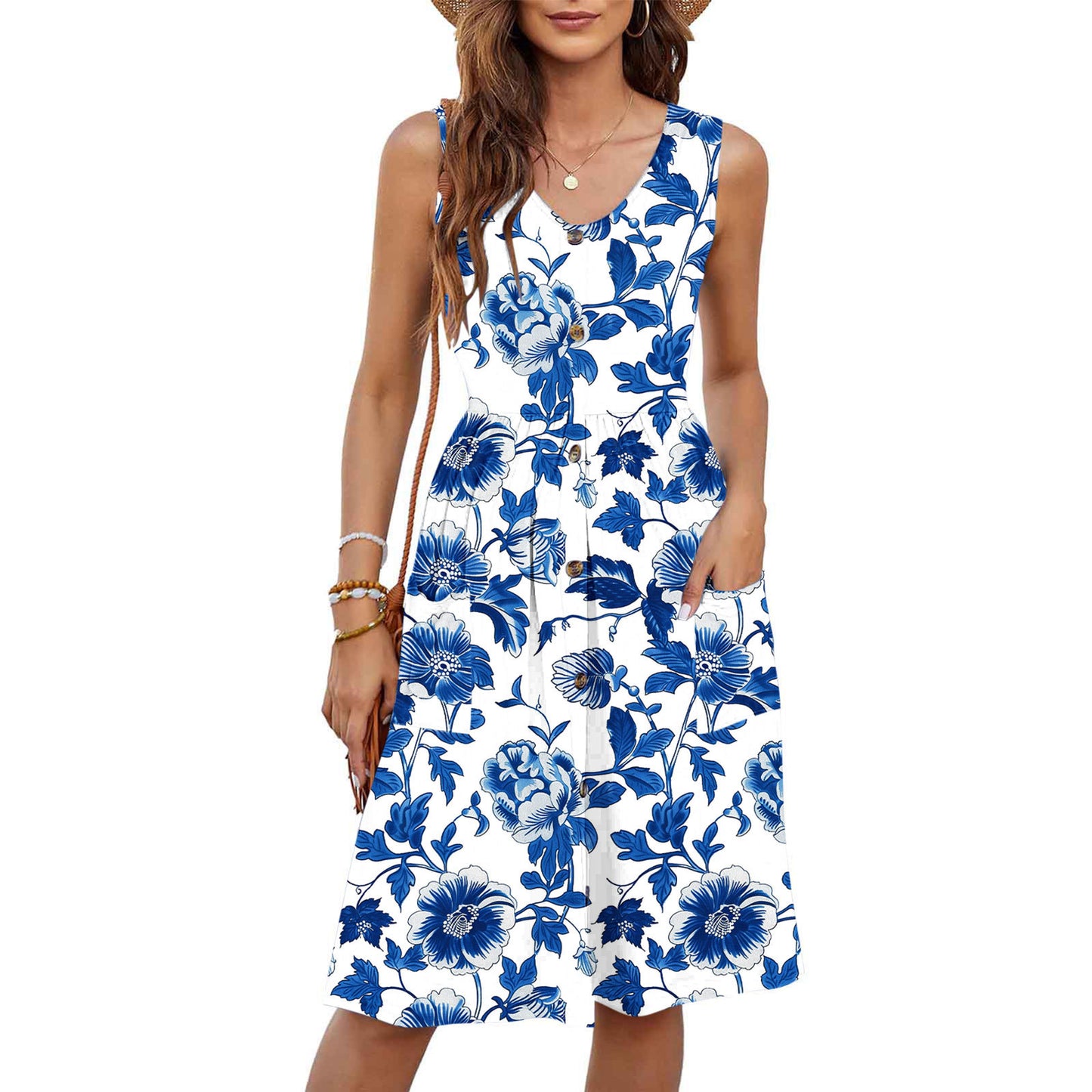 Slim-fit Casual Mid-length Button-down Dress With Pockets