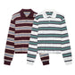 Spring New Women's Fashion Striped Polo Retro Long Sleeve Contrast Color Top
