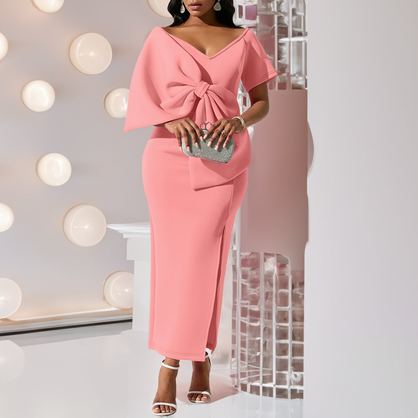 European And American Big Bow Split Sheath Dress