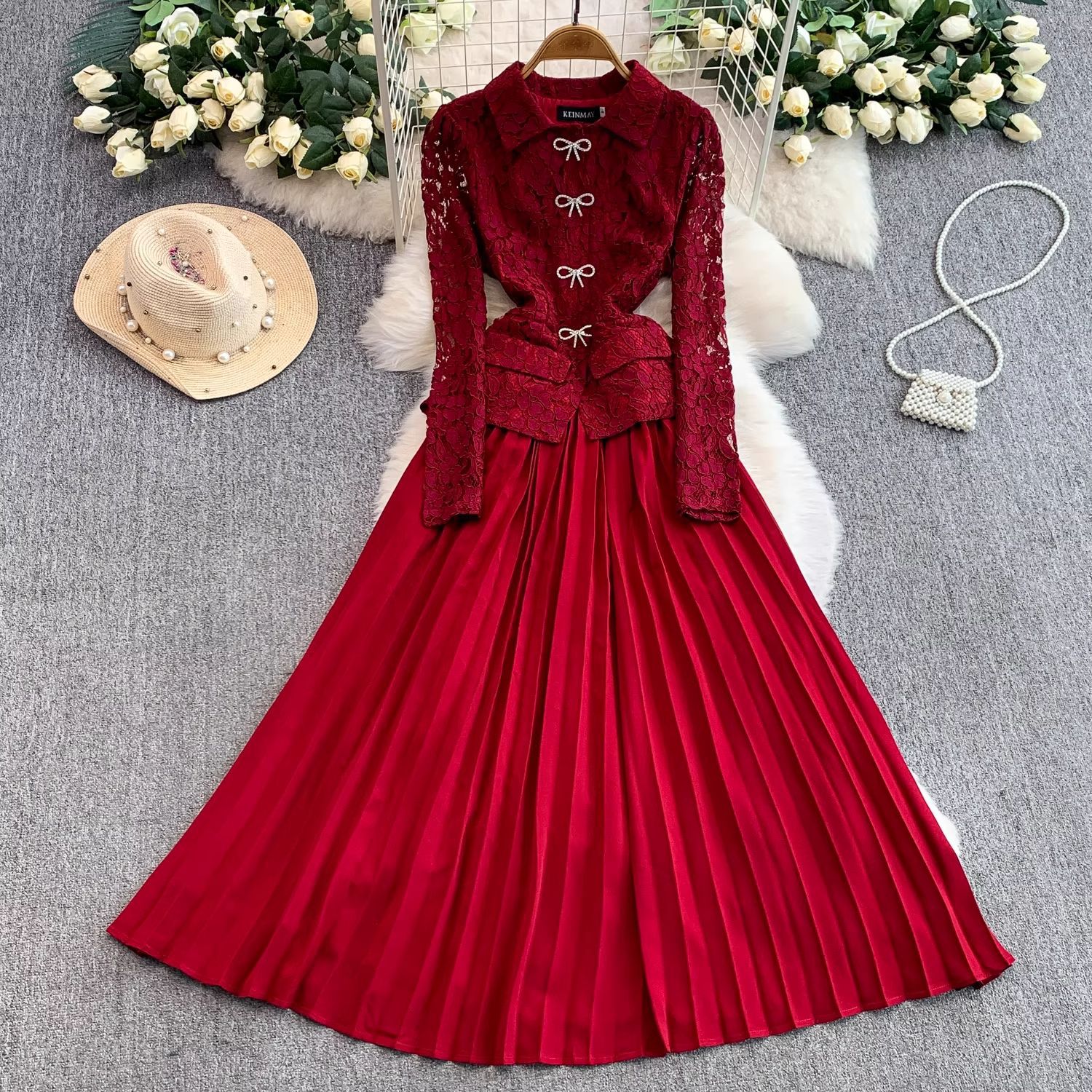 French Chic Lace-Patchwork Notch-Neckline Formal Dress
