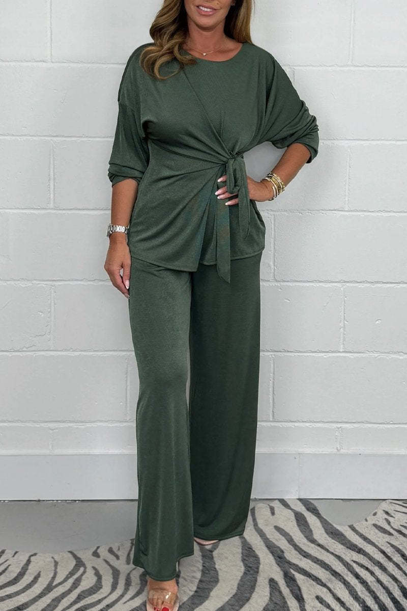 Amazon Europe And America Cross Border 2024 Fall Women's Clothing Solid Color Casual Fashion Lace-up Long Sleeve Top And Trousers Suit