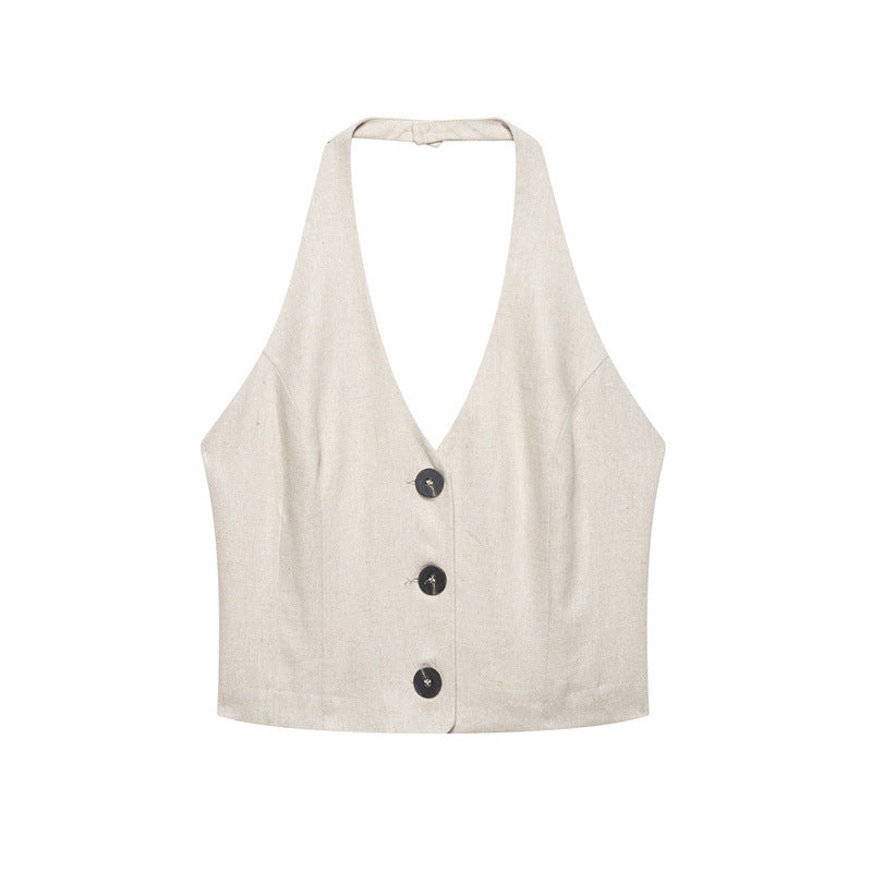 Linen Hanging Collar Top Midi Dress