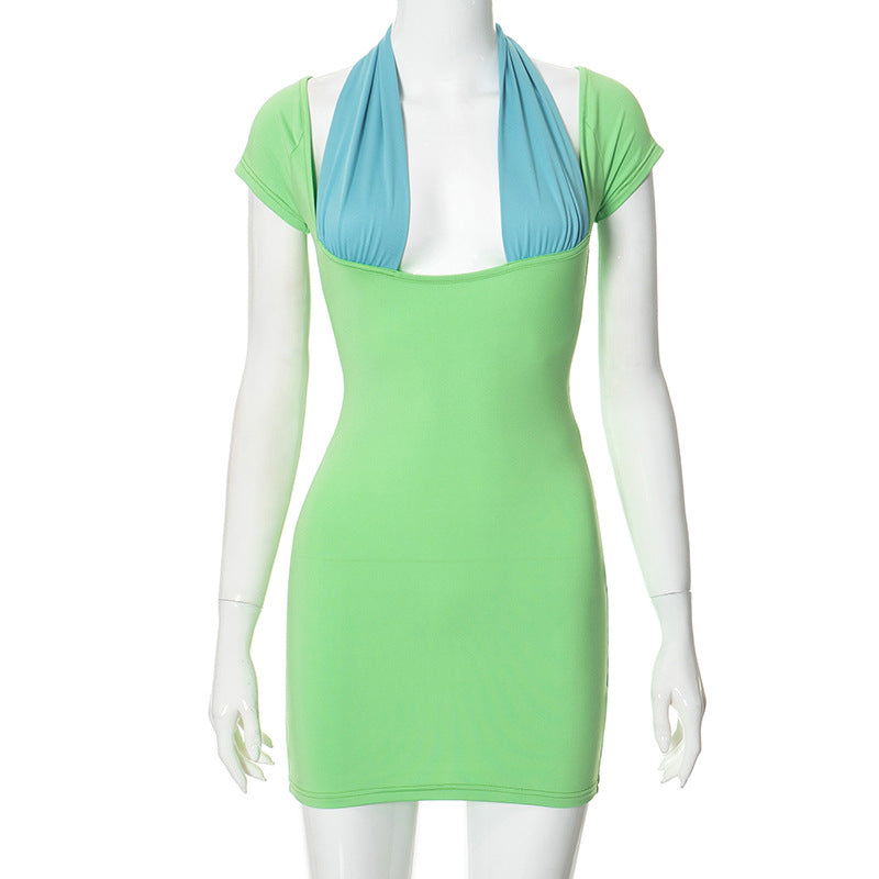 European And American Style V-neck Dress Contrast Color Girl Slim Fit