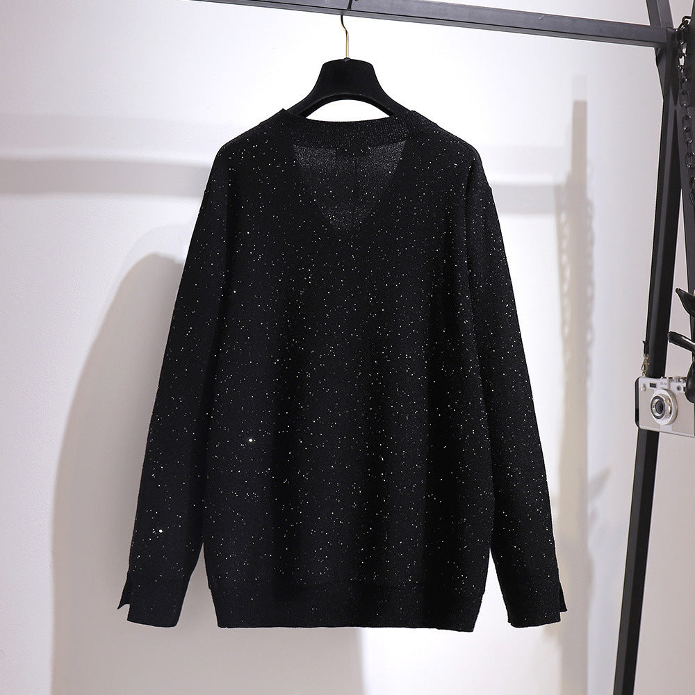 Fat Sister V-neck Sweater Korean Style Gold Velvet Skirt
