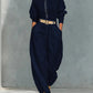 Womens Simple-style Loose Top And Harem Wide-leg Pants Two-piece Set With Belt