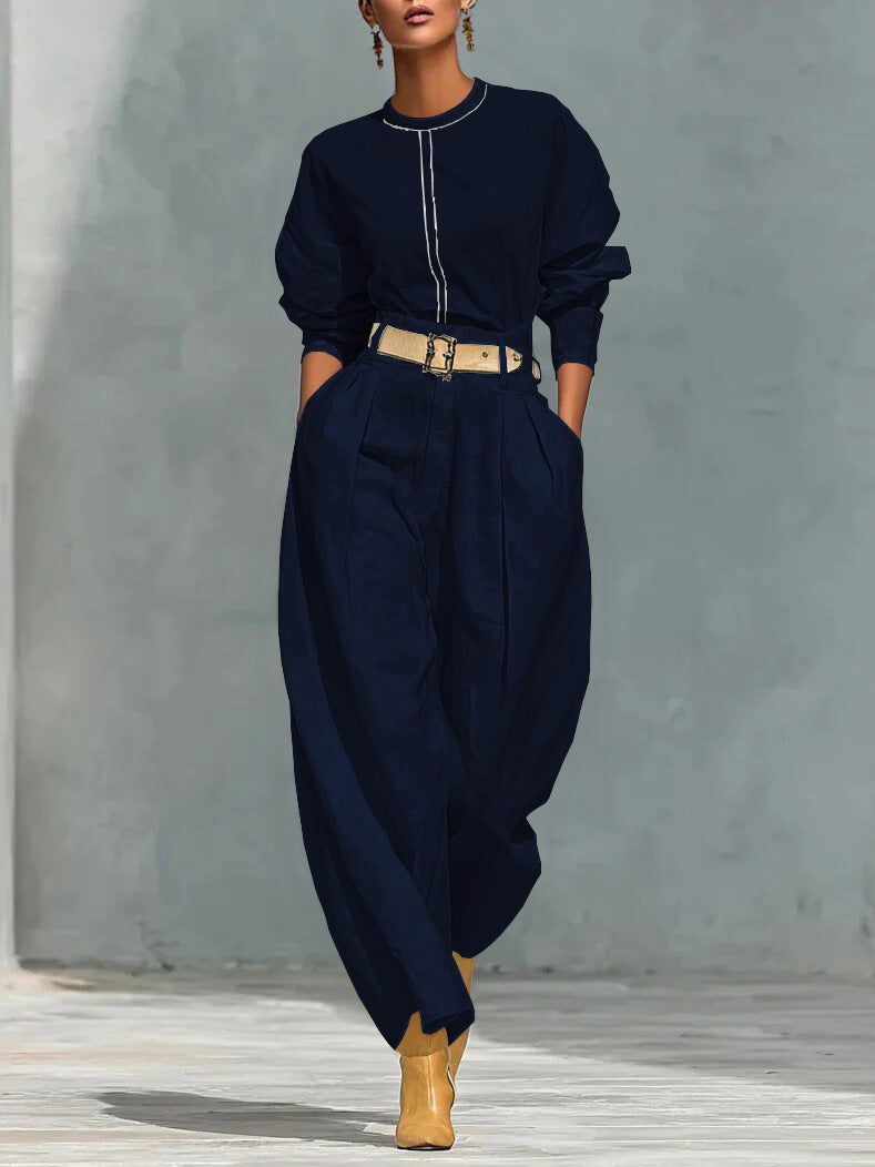 Womens Simple-style Loose Top And Harem Wide-leg Pants Two-piece Set With Belt