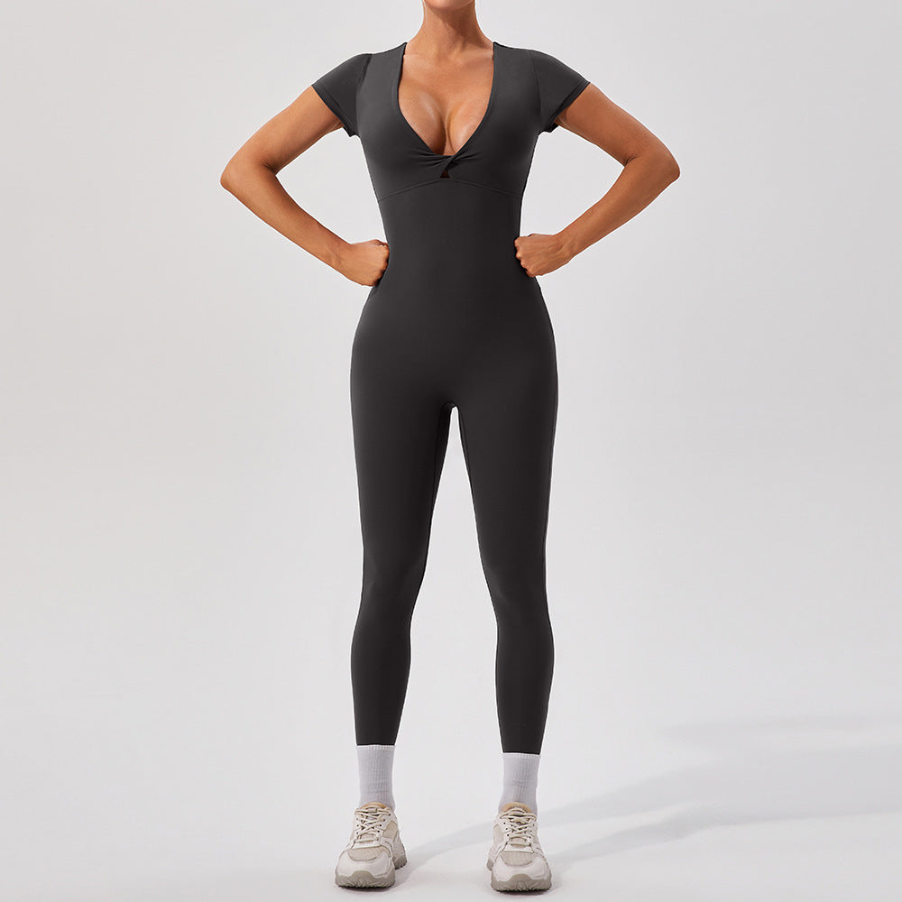 European And American Nude Feel Short Sleeve Yoga Jumpsuit