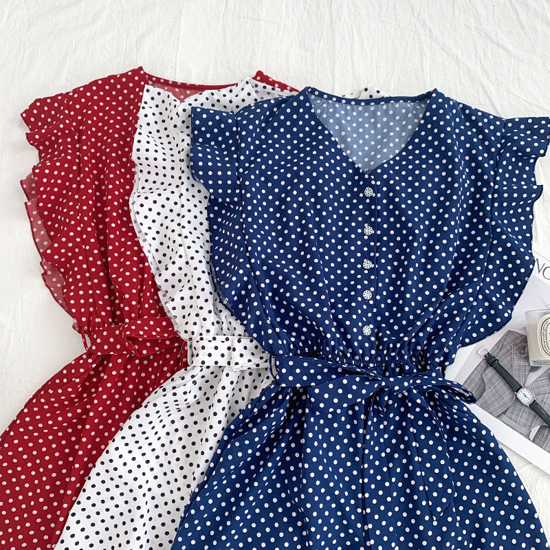 Versatile V Neck Polka Dot Flying Sleeves Lace Up Jumpsuit Wide Leg Pants Shorts