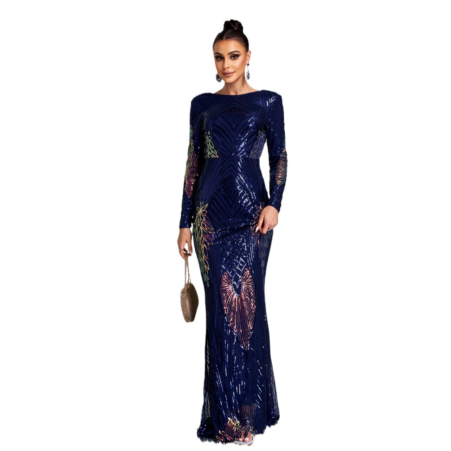 Long Sleeve Temperament Crew Neck Long Sequined Banquet Evening Dress
