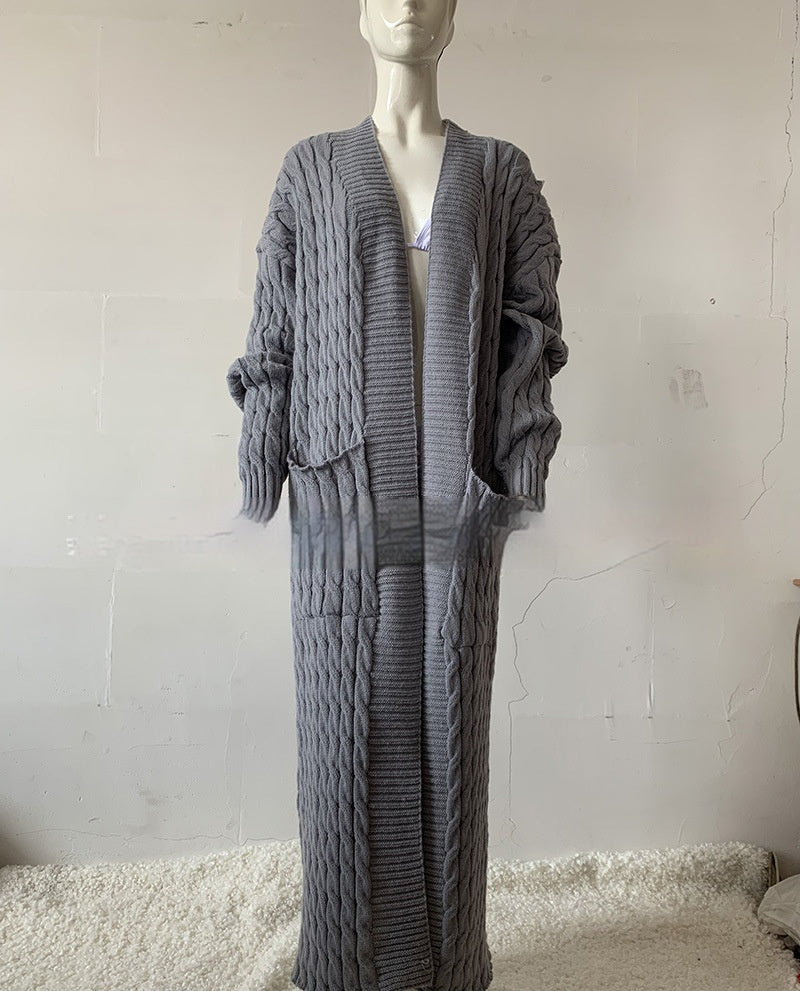 Cardigan long en tricot avec poche, pull long, manteau épais, européen et américain