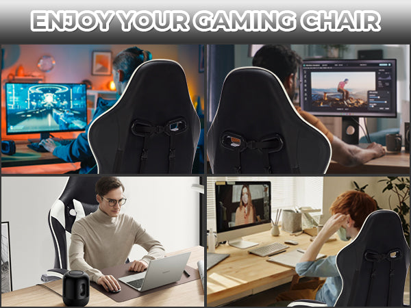 Gaming Chair With Footrest, Ergonomic Computer Chair With Headrest And Lumbar Support, Breathable Material Height Adjustable Video Game Chairs For Adults, Black White