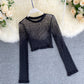 See-through Mesh Hollow Solid Color Pullover Long Sleeve