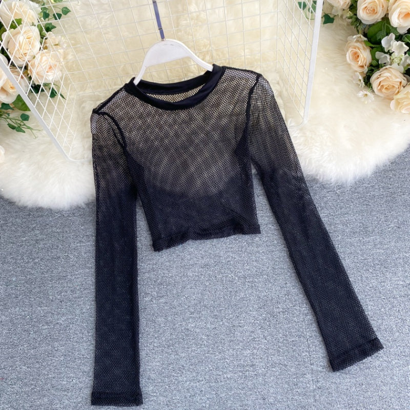 See-through Mesh Hollow Solid Color Pullover Long Sleeve