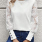 Solid Color Long Sleeve Embroidered Lace Stitching Waffle Crew Neck Top